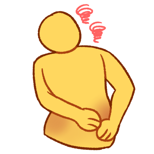 an emoji yellow person hunched over in pain and holding their hip, with two pink spirals next to their head. their hips are airbrushed red